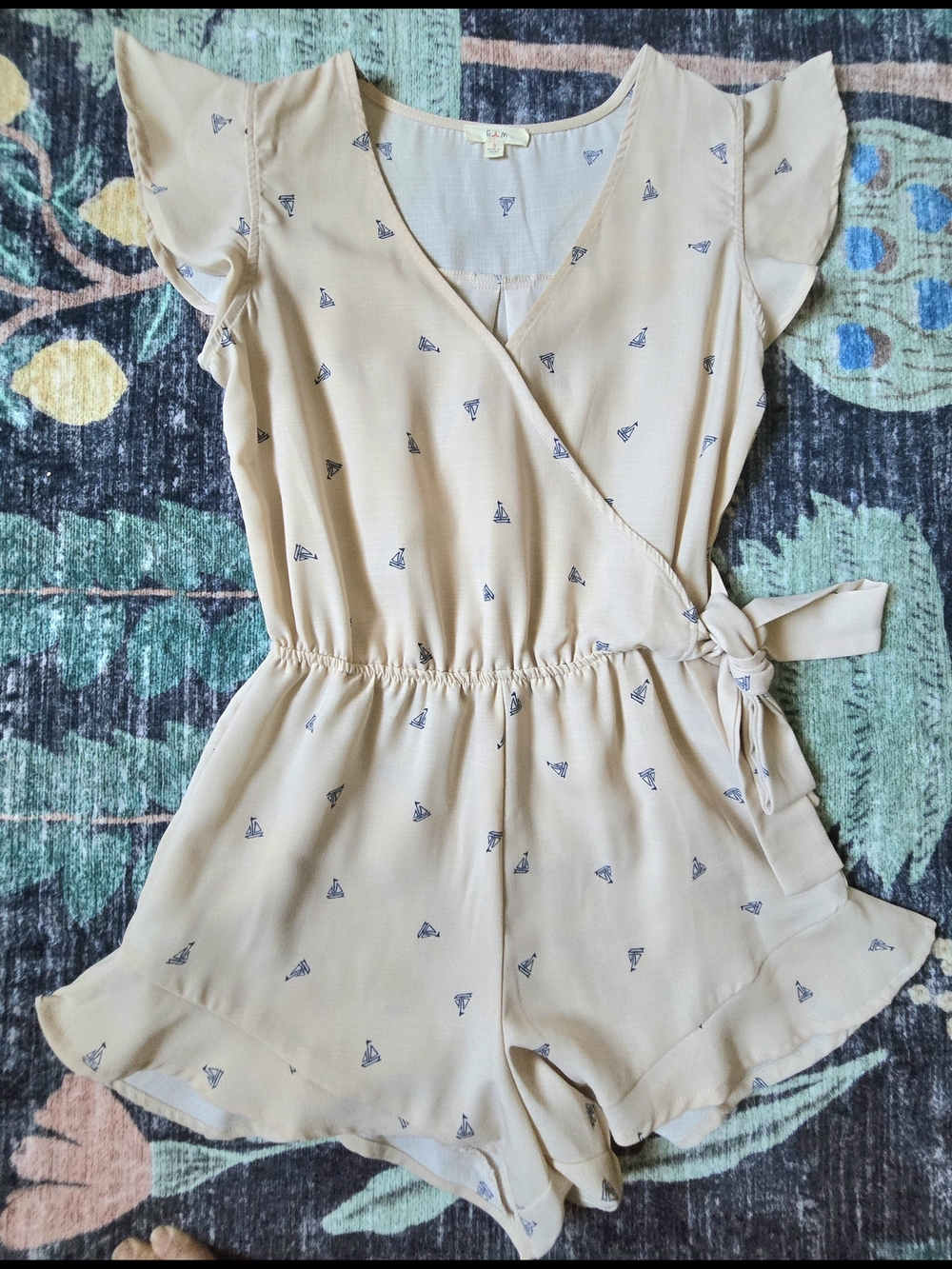 E & M Beige Sailboat Printed Wrap Romper Size Small NWOT